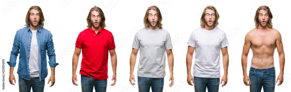 Collage of handsome young man wearing casual look over white isolated backgroud afraid and shocked with surprise expression, fear and excited face. Collage of handsome young man wearing casual look over white isolated backgroud afraid and shocked with surprise expression, fear and excited face.