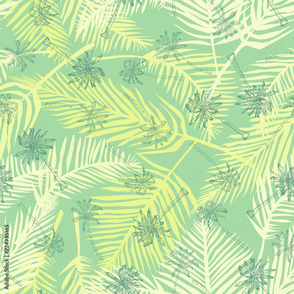 Palm tree pattern. Seamless hand drawn textures on exotic trendy background. Nature textile print. Modern tropical template for web, card, placard, poster, cover, flyer, invitation, brochure, banner.