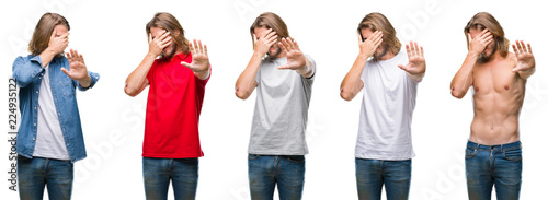 Collage of handsome young man wearing casual look over white isolated backgroud covering eyes with hands and doing stop gesture with sad and fear expression. Embarrassed and negative concept.