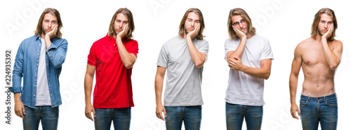 Collage of handsome young man wearing casual look over white isolated backgroud thinking looking tired and bored with depression problems with crossed arms.