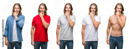 Collage of handsome young man wearing casual look over white isolated backgroud looking confident at the camera with smile with crossed arms and hand raised on chin. Thinking positive.