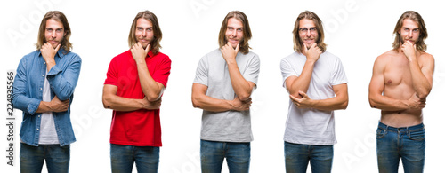 Collage of handsome young man wearing casual look over white isolated backgroud looking confident at the camera with smile with crossed arms and hand raised on chin. Thinking positive.