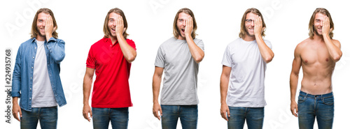 Collage of handsome young man wearing casual look over white isolated backgroud covering one eye with hand with confident smile on face and surprise emotion.