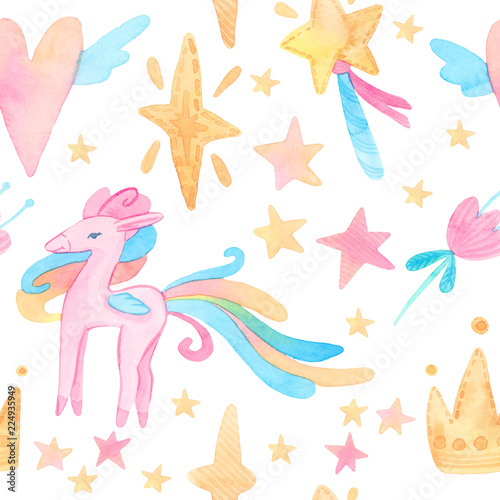 Fairy tale watercolor illustration. Cartoon seamless pattern with unicorn collection. Magic cute baby backgrounds. Horses  stars  plants  flowers
