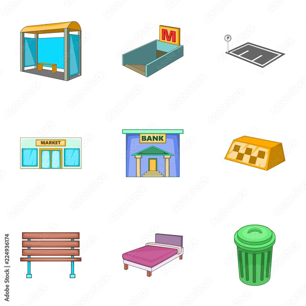 Infrastucture of the city icons set. Cartoon illustration of 9 infrastucture of the city vector icons for web Infrastucture of the city icons set. Cartoon illustration of 9 infrastucture of the city vector icons for web