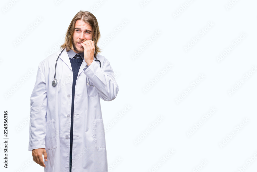 Young handsome doctor man with long hair over isolated background looking stressed and nervous with hands on mouth biting nails. Anxiety problem. Young handsome doctor man with long hair over isolated background looking stressed and nervous with hands on mouth biting nails. Anxiety problem.
