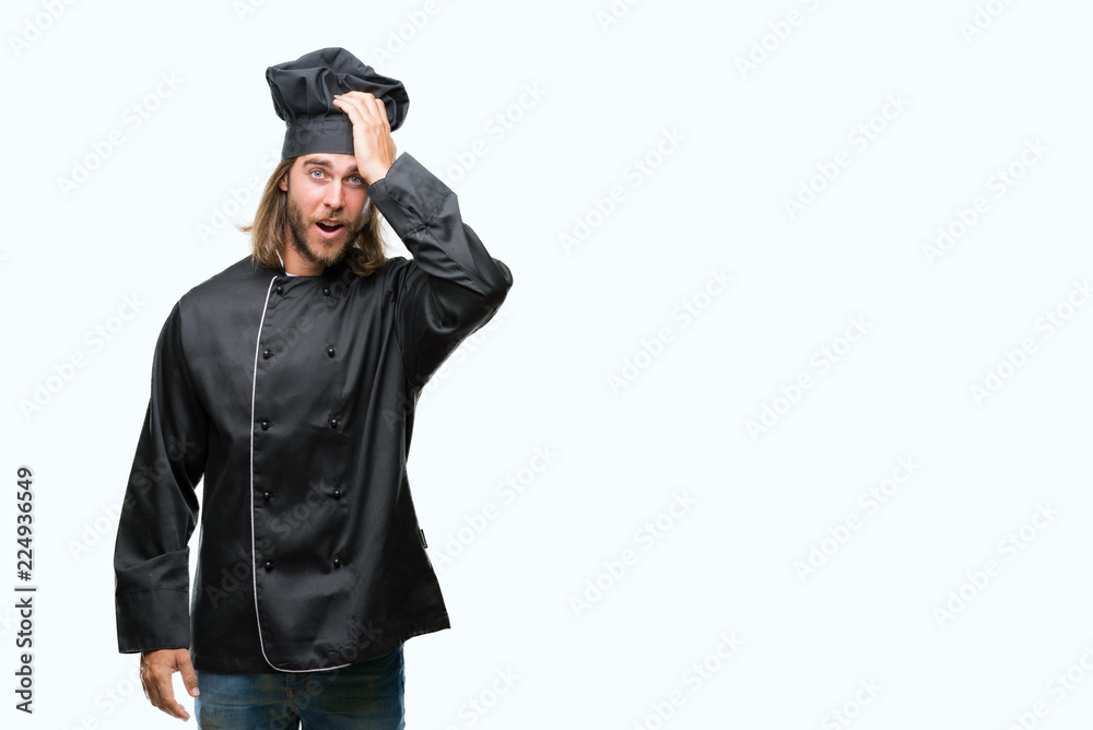 Young handsome cook man with long hair over isolated background surprised with hand on head for mistake, remember error. Forgot, bad memory concept. Young handsome cook man with long hair over isolated background surprised with hand on head for mistake, remember error. Forgot, bad memory concept.