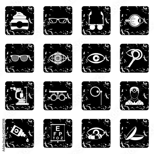 Ophthalmologist tools icons set in grunge style isolated on white background vector illustration