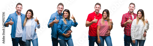 Collage of beautiful couple together over white isolated backgroud doing happy thumbs up gesture with hand. Approving expression looking at the camera with showing success.