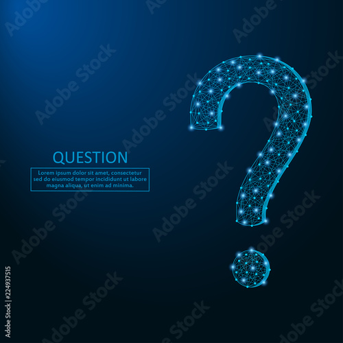 Question mark made from made by points and lines, polygonal wireframe mesh on night sky, dark blue background. Low poly question symbol. Vector illustration.