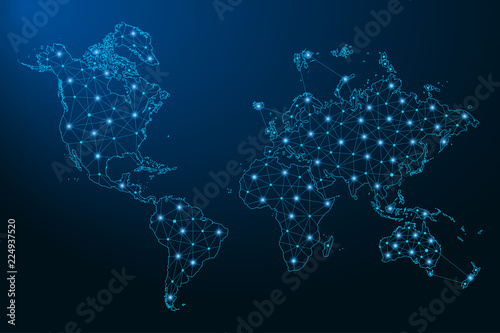 Abstract World map created from lines and bright points in the form of starry sky, polygonal wireframe mesh and connected lines. Vector illustration.