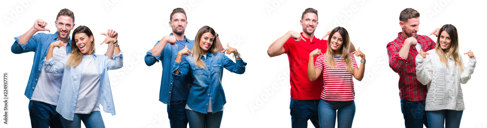 Collage of beautiful couple together over white isolated backgroud looking confident with smile on face, pointing oneself with fingers proud and happy. Collage of beautiful couple together over white isolated backgroud looking confident with smile on face, pointing oneself with fingers proud and happy.