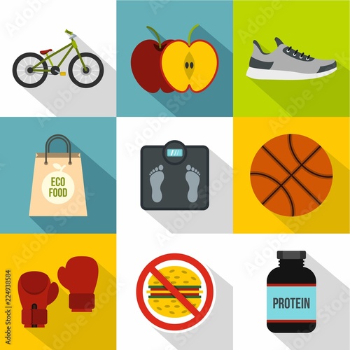 Fitness icons set. Flat illustration of 9 fitness vector icons for web