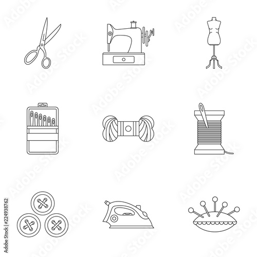 Range of tools for dressmakers icons set. Outline illustration of 9 range of tools for dressmakers vector icons for web