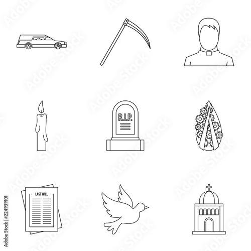 Burial icons set. Outline illustration of 9 burial vector icons for web