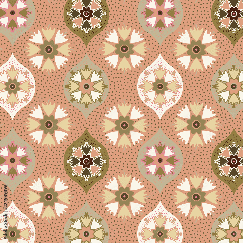 elegant beige, green and orange decorated and textured ogee and floral pattern for textile, fabric, backgrounds, backdrops and creative surface designs. pattern swatch at eps. file 