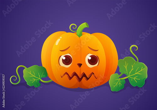 Cute jack o'lantern with a sad expression. Halloween pumpkin with leaves and vines isolated on violet background. Vector illustration.