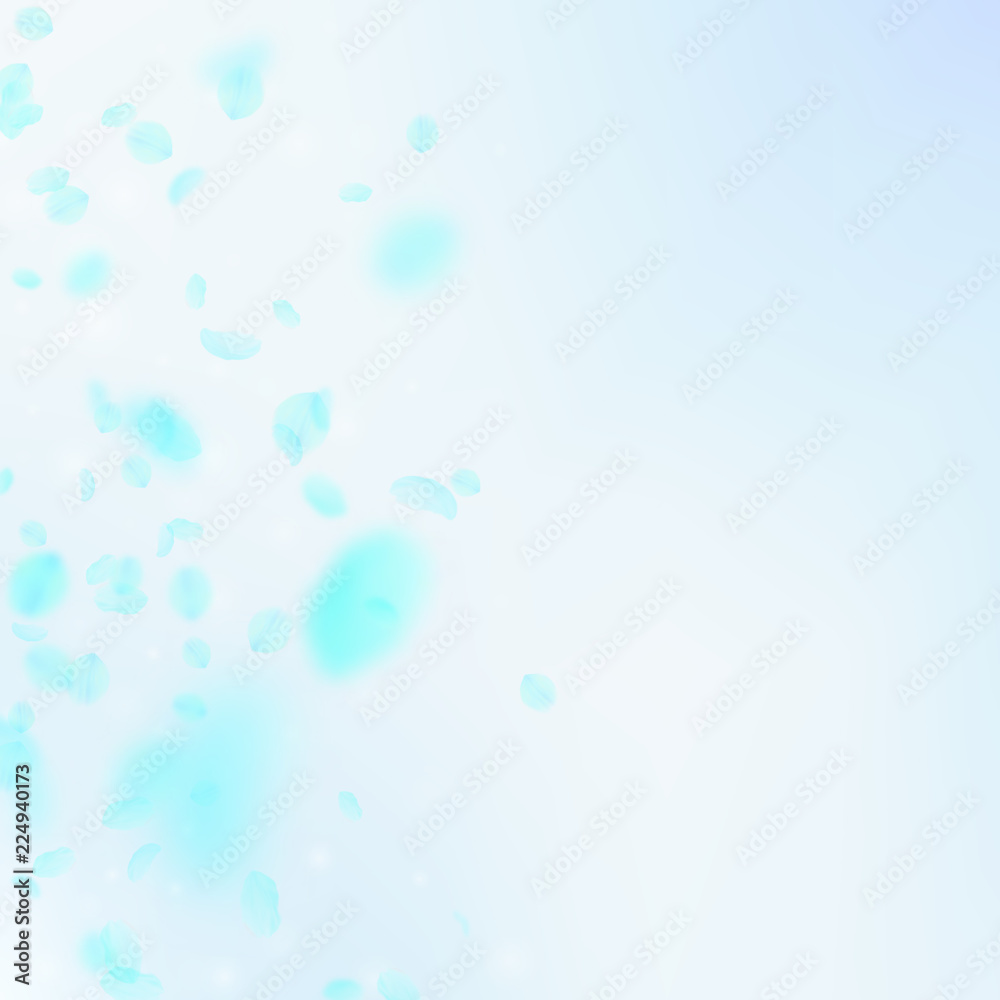 Turquoise flower petals falling down. Noteworthy romantic flowers gradient. Flying petal on blue sky