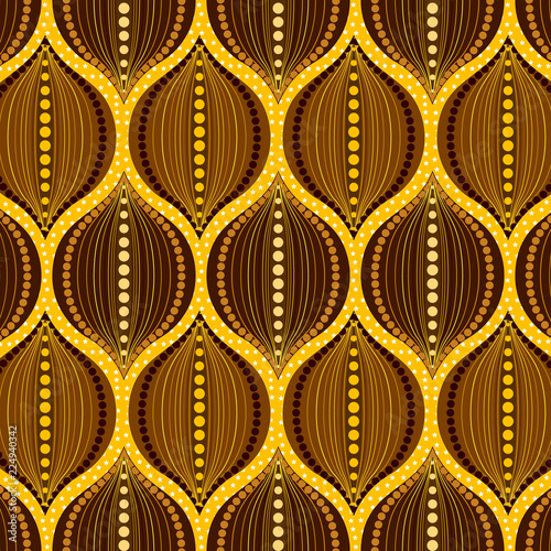 beautiful golden ogee repeating pattern in festive golden yellow and brown over textured background for textile, fabric, backgrounds, backdrops and classic surface design. pattern swatch in eps. file
