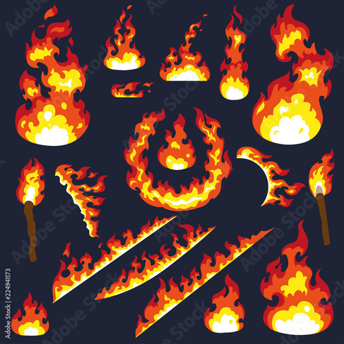 Foto Set of fier elements: bonfire, fire, torch, flambeau, camp fire, ring of fire, sparks