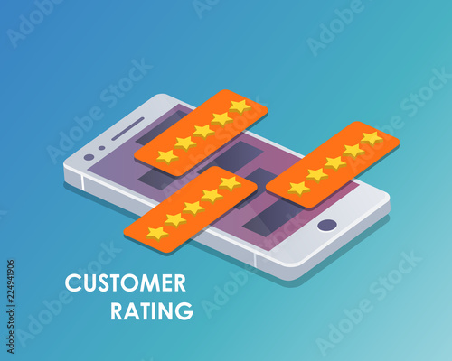 Concept of feedback, testimonials messages and notifications. Speech bubbles on mobile phone with review rating, flat style smart phone reviews stars with good and bad rate and text. Isometric vector