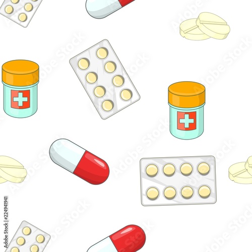 Treatment tablets pattern. Cartoon illustration of treatment tablets vector pattern for web