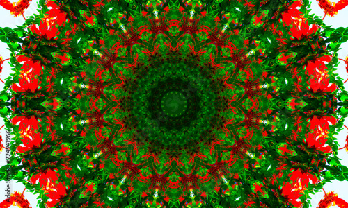 Green and red mandala with round shapes and a very detailed pattern.