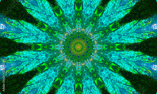 Geometric mandala with gradient shades of turquoise and a detailed pattern.