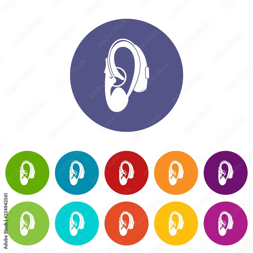 Hearing aid set icons in different colors isolated on white background Hearing aid set icons in different colors isolated on white background