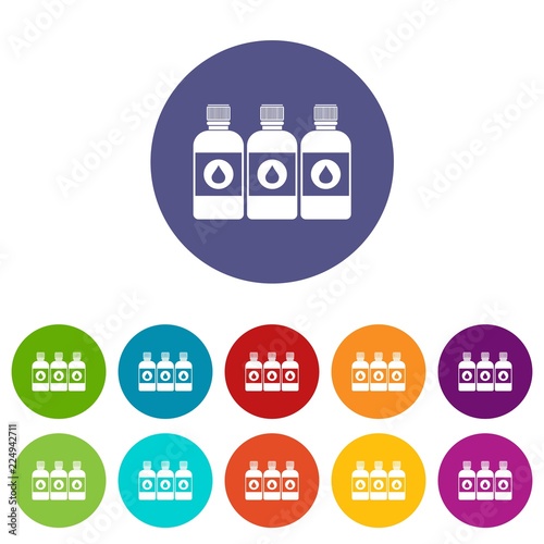 Printer ink bottles set icons in different colors isolated on white background