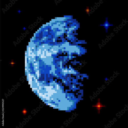 Earth pixel art. Pixelated Planet In Space. Vector illustration