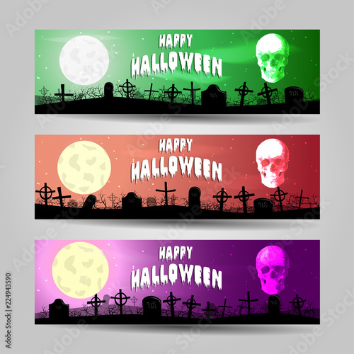 Three horizontal Halloween banners detailed vector set