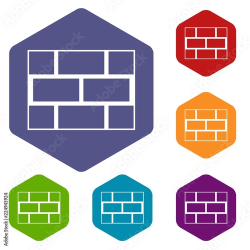 Concrete block wall icons set rhombus in different colors isolated on white background
