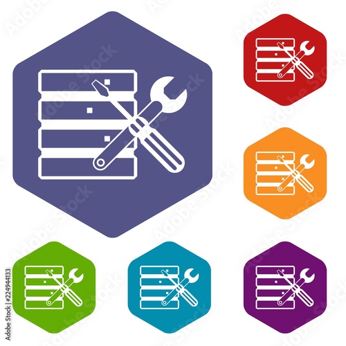 Database with screwdriverl and spanner icons set rhombus in different colors isolated on white background