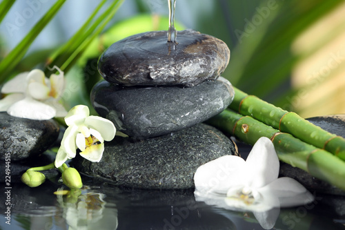 Spa stones, flowers and bamboo branches in water