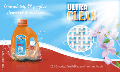 Gel laundry detergent advertising template with flower or floral border. Vector illustration.