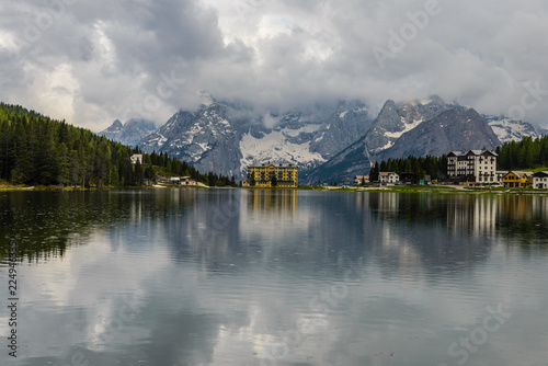  Spring landscape with Misurina Lake in Dolomiti Region at cloudy day. Italy.