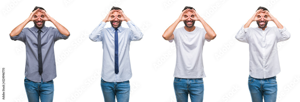 Obraz premium Collage of young man wearing casual look over white isolated backgroud doing ok gesture like binoculars sticking tongue out, eyes looking through fingers. Crazy expression.