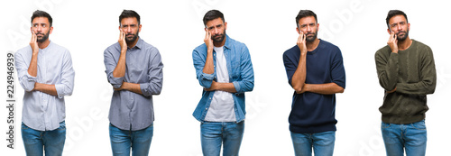Collage of young man wearing casual look over white isolated backgroud thinking looking tired and bored with depression problems with crossed arms.