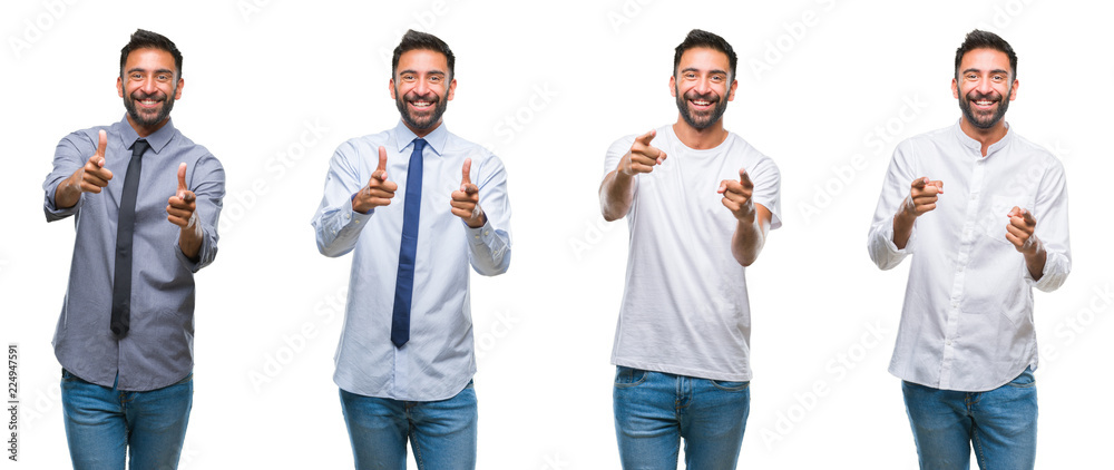 Fototapeta premium Collage of young man wearing casual look over white isolated backgroud pointing fingers to camera with happy and funny face. Good energy and vibes.