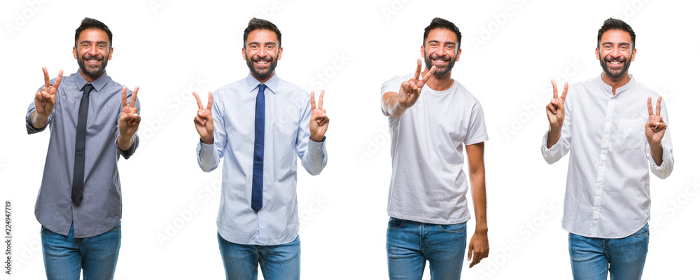 Obraz premium Collage of young man wearing casual look over white isolated backgroud smiling looking to the camera showing fingers doing victory sign. Number two.
