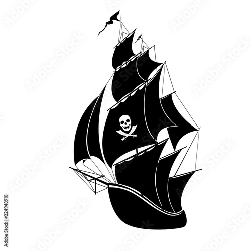 pirate ship with a skull on a sail, on a white background