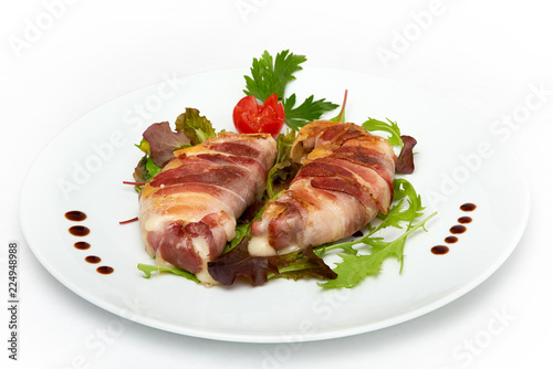 Italian food, Grilled provolone cheese with smoked panceta, served on white plate, isolated on white background