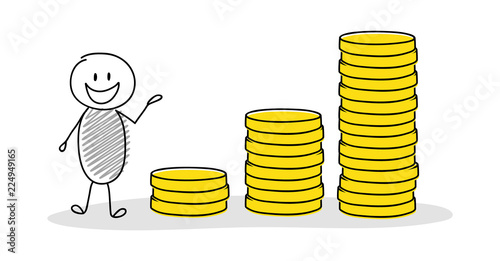 Happy stickman showing money chart. Vector.