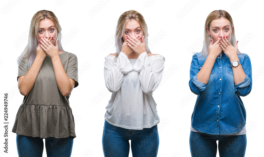 Collage of beautiful blonde young woman over isolated background shocked covering mouth with hands for mistake. Secret concept. Collage of beautiful blonde young woman over isolated background shocked covering mouth with hands for mistake. Secret concept.
