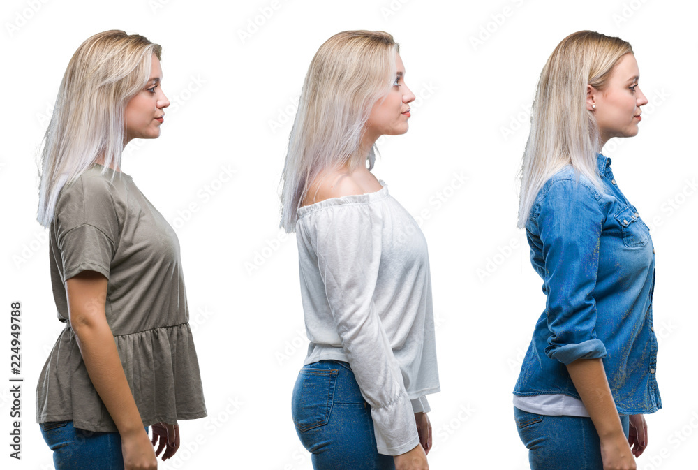 Collage of beautiful blonde young woman over isolated background looking to side, relax profile pose with natural face with confident smile. Collage of beautiful blonde young woman over isolated background looking to side, relax profile pose with natural face with confident smile.