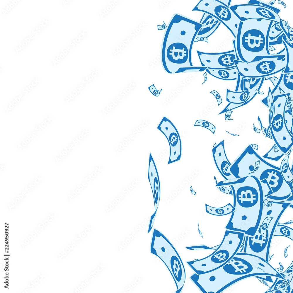 Obraz premium Bitcoin, internet currency notes falling. Messy BTC bills on white background. Cryptocurrency, digit