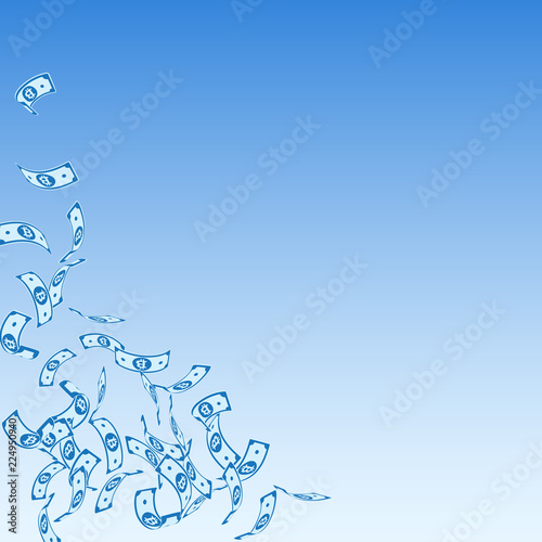 Bitcoin, internet currency notes falling. Sparse BTC bills on blue sky background. Cryptocurrency, d