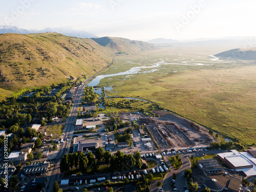 Jackson, Wyoming mountain town sunrise aerial landscape views