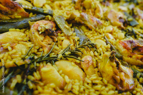 Close-up of the traditional Paella Valenciana Mediterranean dish